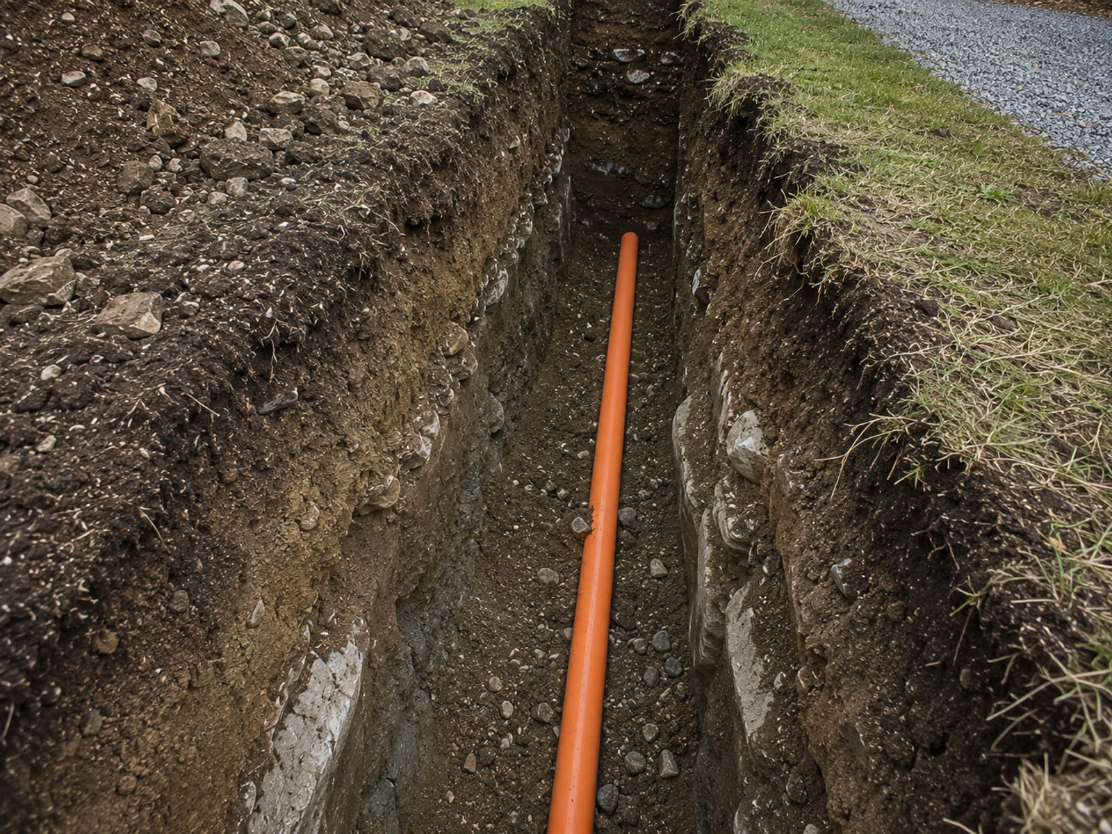 Installed orange conduit pipe resting in the bottom of a freshly dug residential trench in rocky Connecticut soil