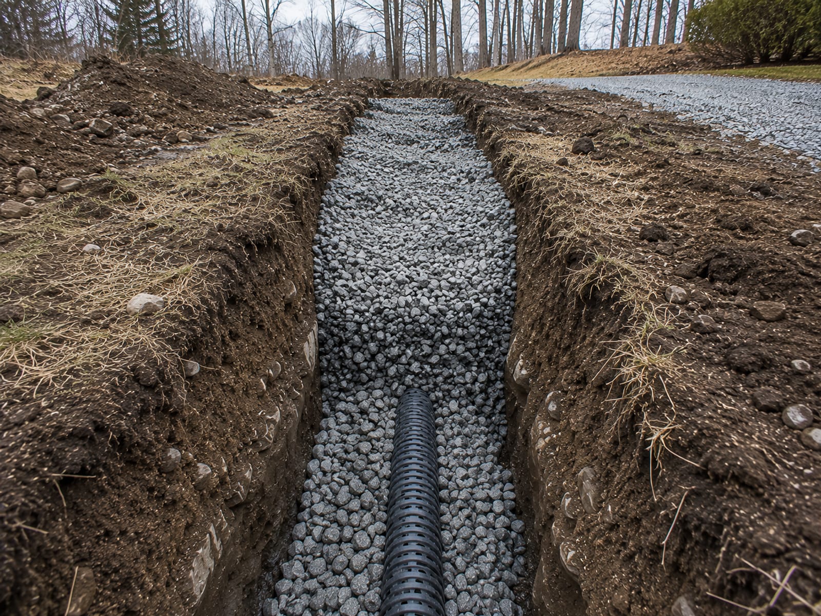 Partially backfilled residential trench with compacted gravel and exposed dark soil in a Connecticut yard
