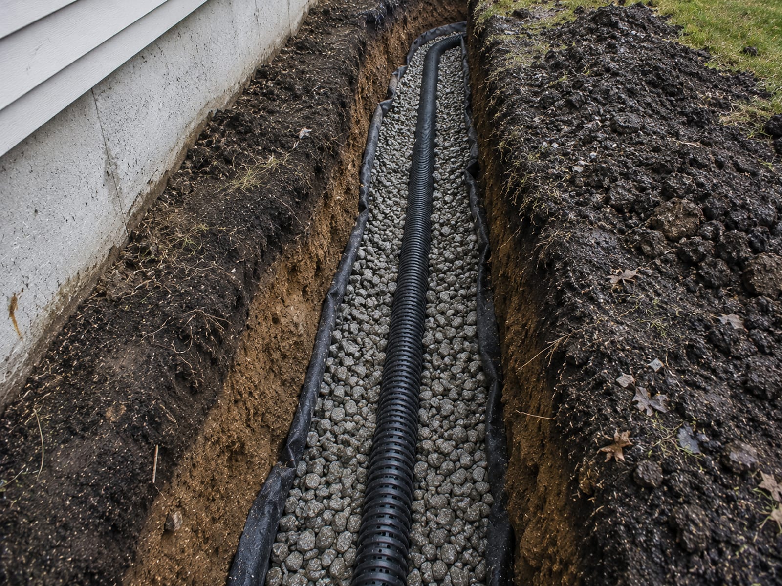 Open drainage trench with perforated pipe laid in washed gravel being backfilled along the foundation of a colonial style home in Watertown CT