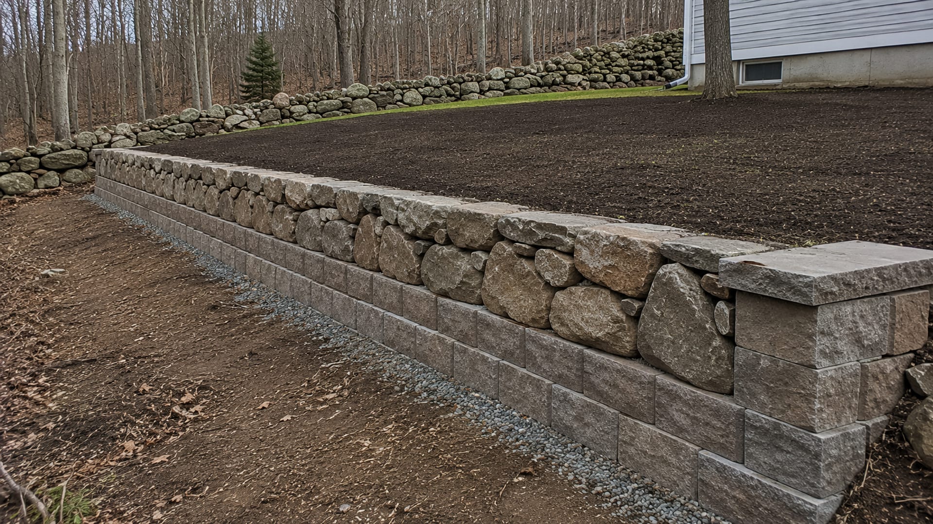 Newly constructed dry-stacked stone and block retaining wall holding back a graded hillside on a sloped residential property in Watertown CT with regraded lawn above