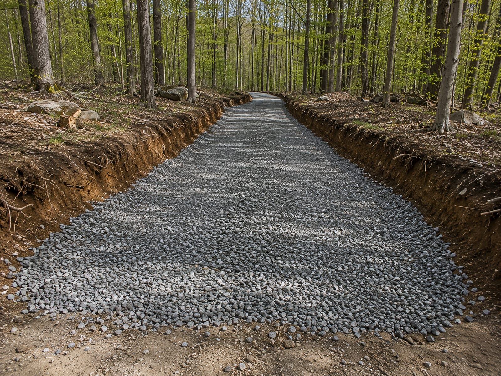 Freshly excavated and gravel-base-compacted residential driveway approach cut through a wooded Connecticut lot with crushed stone subbase visible