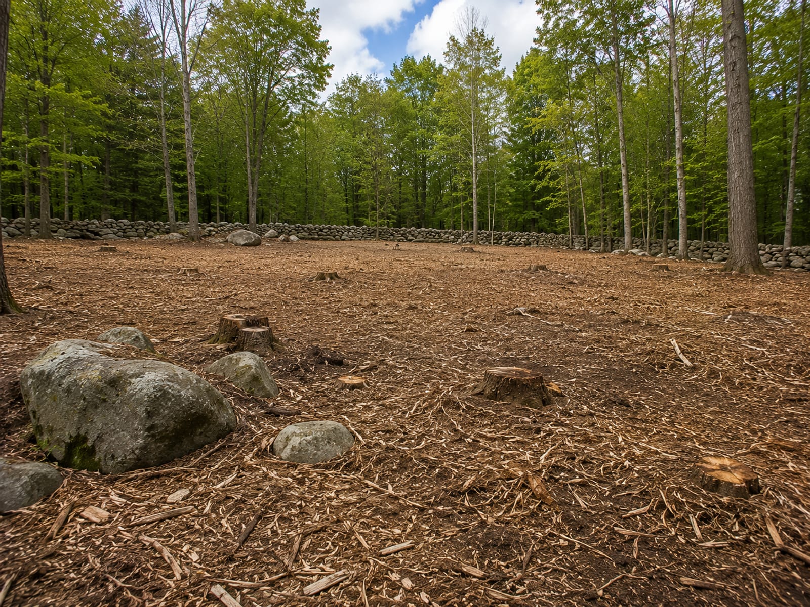 Freshly cleared wooded residential lot in Wolcott CT showing mulched ground cover stumps and deciduous tree stumps with surrounding forest edge