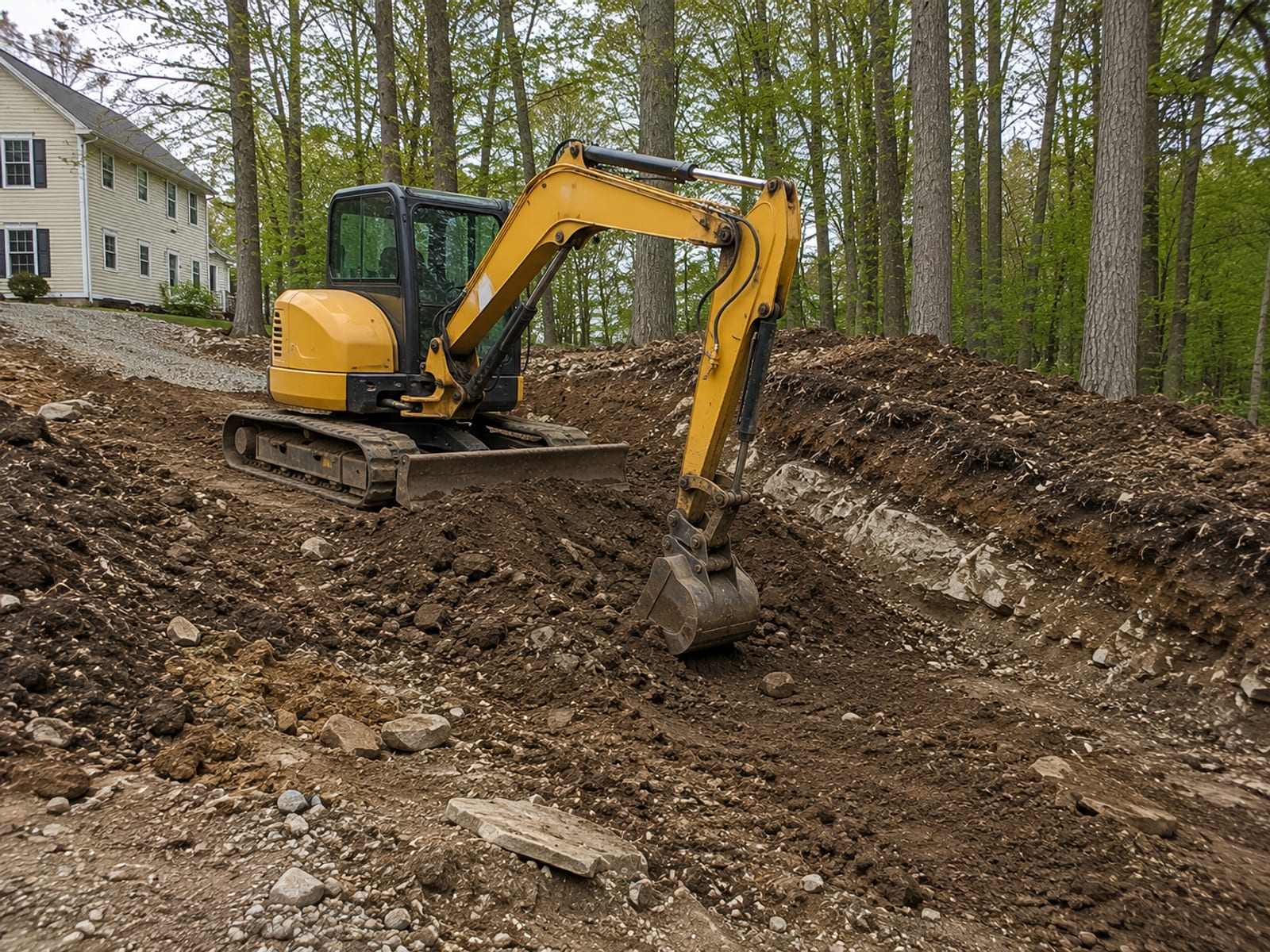 Compact yellow tracked excavator working on a sloped residential lot in Wolcott CT with exposed glacial till soil and mature deciduous trees in background