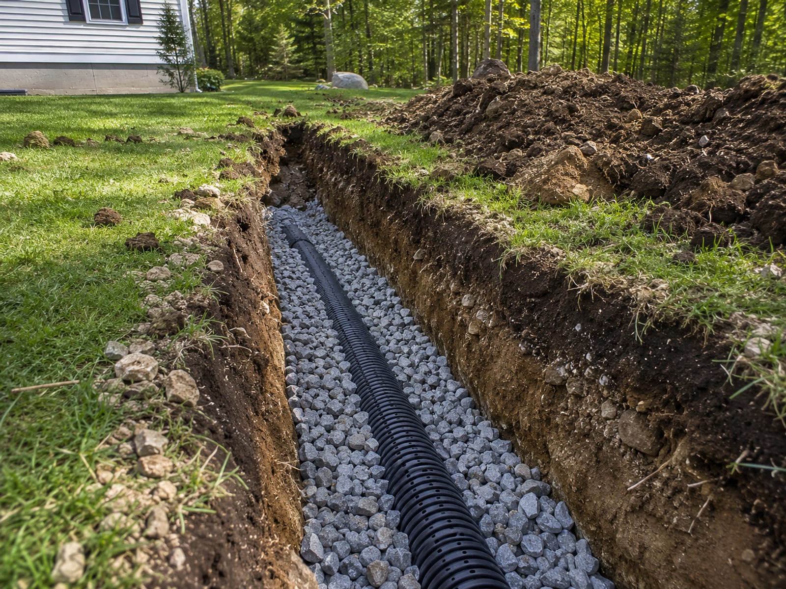 Freshly installed French drain trench with perforated pipe and washed gravel on a residential lawn in Wolcott CT