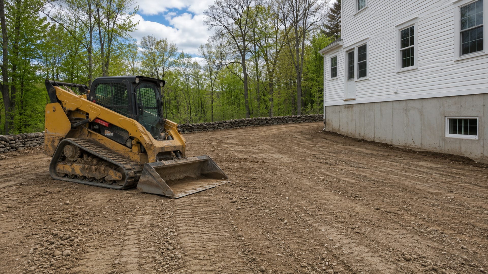 Wide view of a graded and leveled residential lot in Woodbridge CT with smooth earthen surface sloping gently away from a colonial home foundation