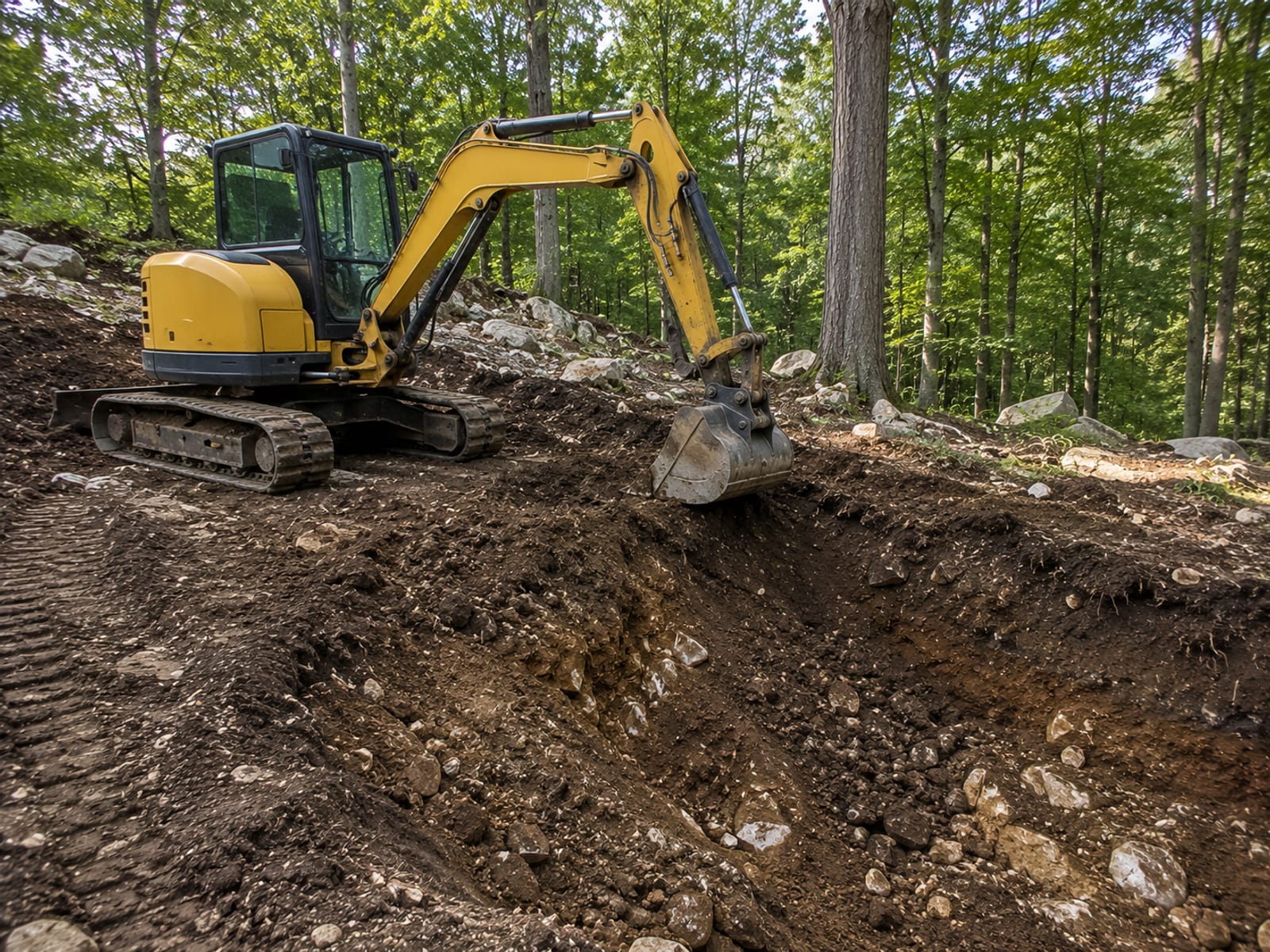 Compact yellow tracked excavator breaking ground on a wooded residential lot in Woodbridge CT with exposed glacial till soil and mature deciduous trees in background