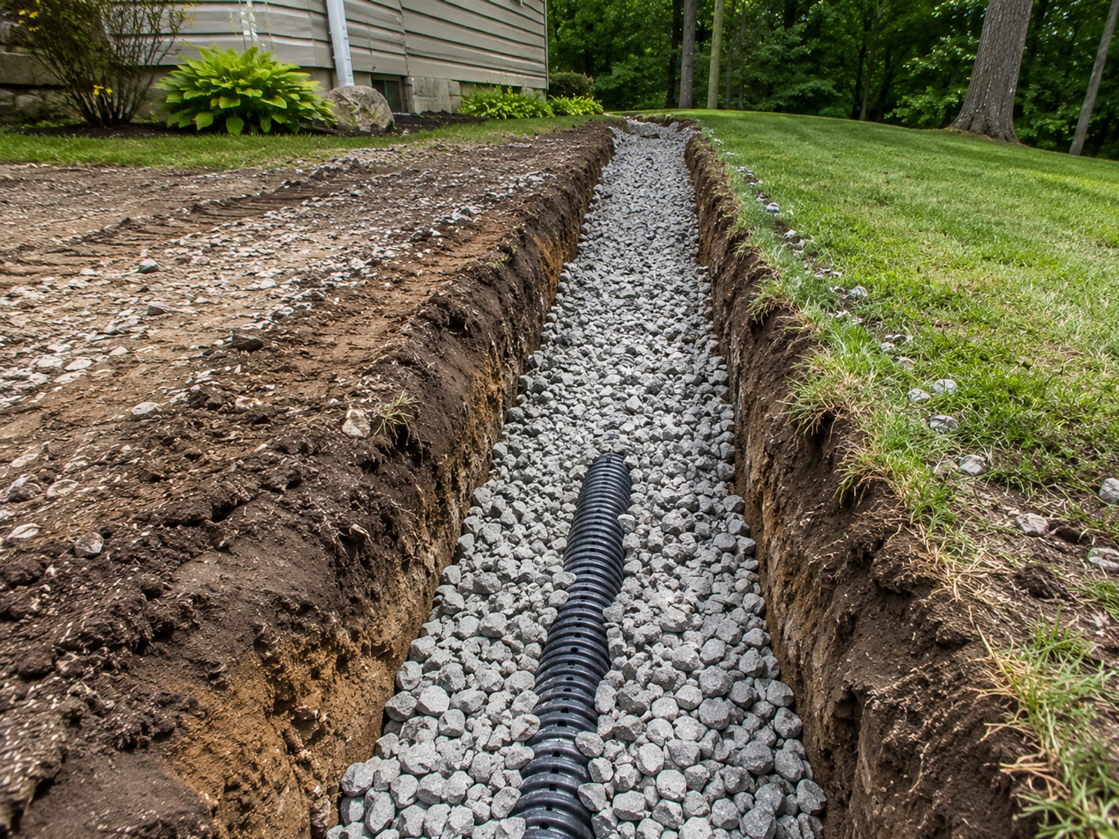 Freshly installed French drain trench filled with crushed stone aggregate beside a residential yard in Woodbridge CT with perforated pipe visible