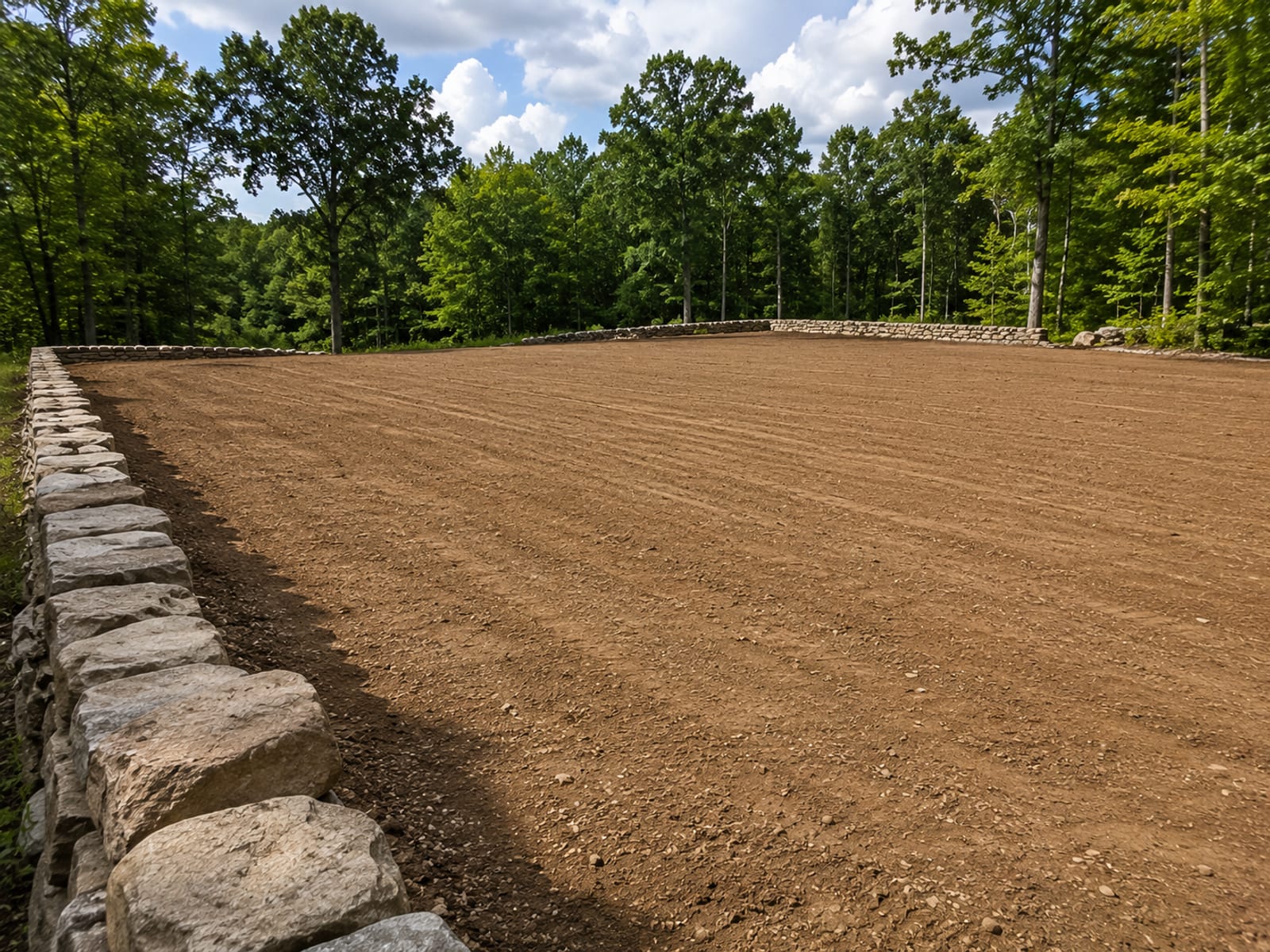 Freshly graded and leveled residential lot in Woodbury CT with smooth compacted earth and surrounding stone wall