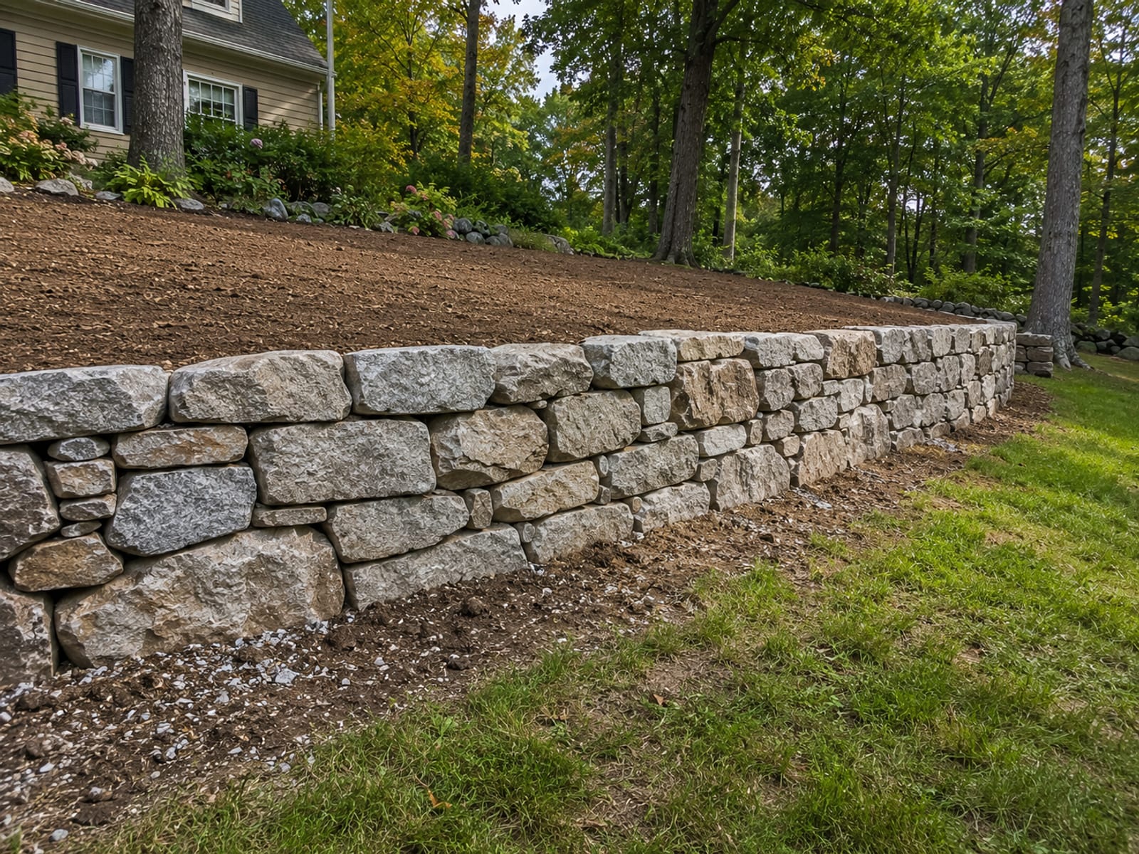 Newly constructed dry-stacked fieldstone retaining wall on a sloped Connecticut residential property with graded earth behind it