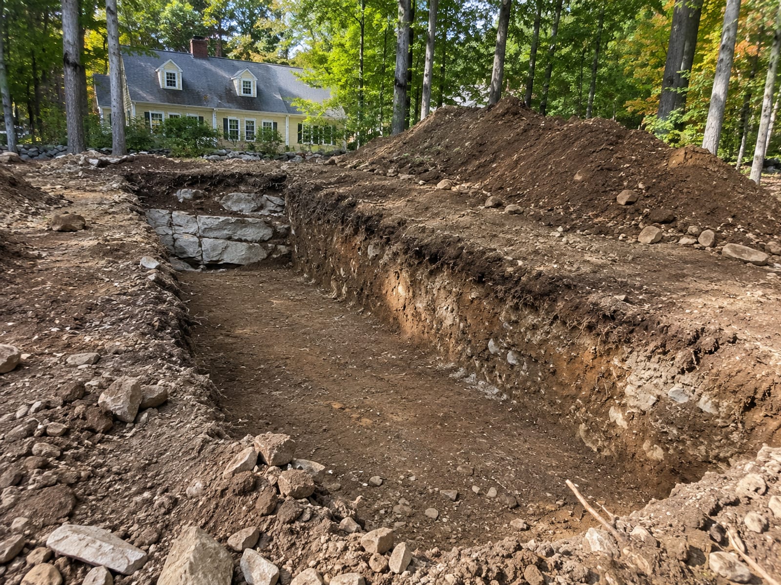 Freshly excavated foundation trench on a wooded residential lot in Woodbury CT with glacial till soil and rock exposed