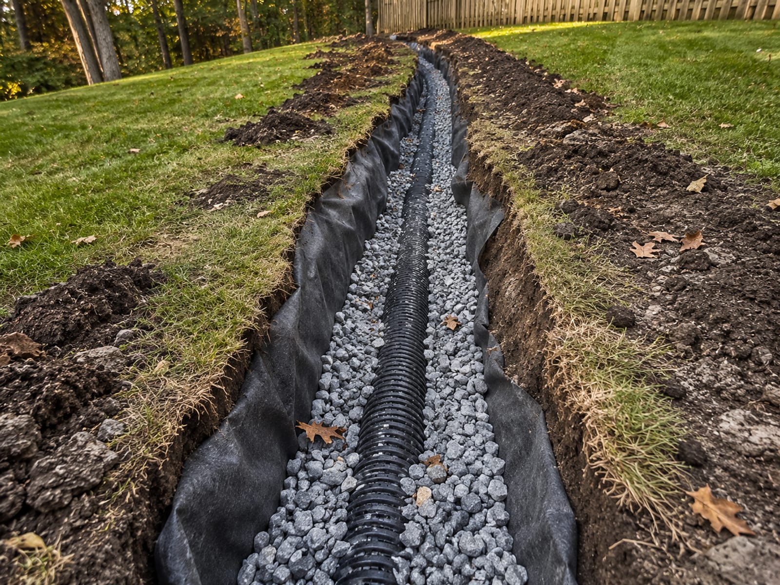 Freshly installed French drain trench with perforated pipe and gravel backfill on a sloped Connecticut yard