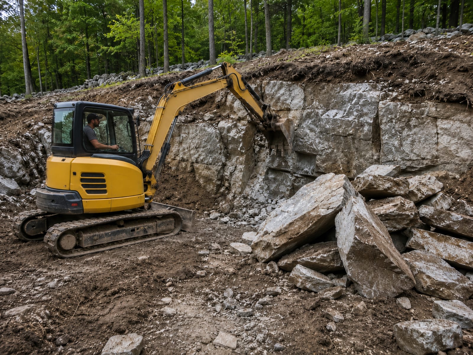 Exposed glacial ledge rock being broken and removed on a Connecticut residential excavation site with a compact yellow excavator
