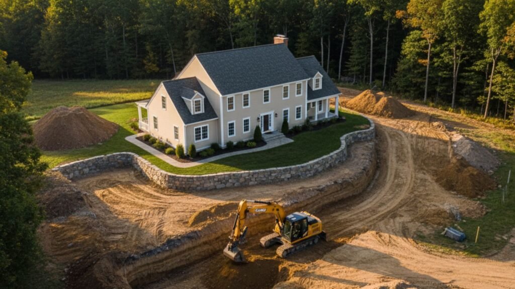 Aerial view of professional excavation work around colonial home in Bridgewater CT