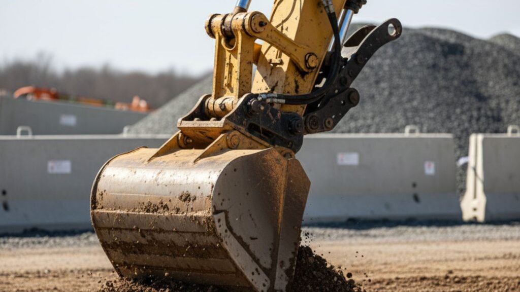 Excavator bucket and hydraulics moving earth and gravel with concrete infrastructure visible