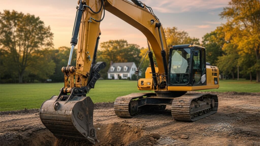 Active excavation with yellow excavator on brown soil site in Oakville CT