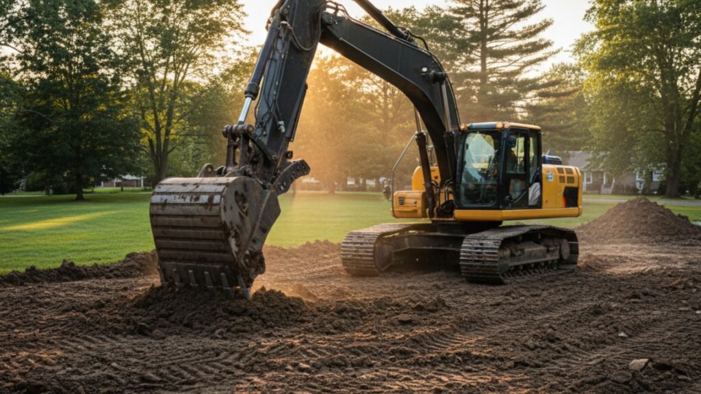 Active excavation with yellow excavator on brown soil site in Prospect CT