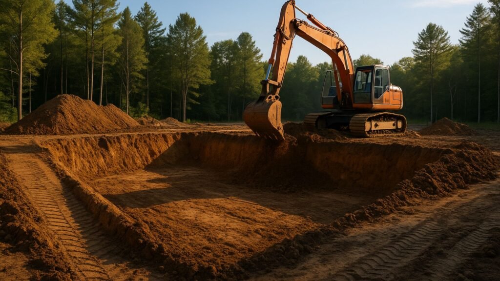 Partially excavated foundation with access ramp and heavy machinery working on site