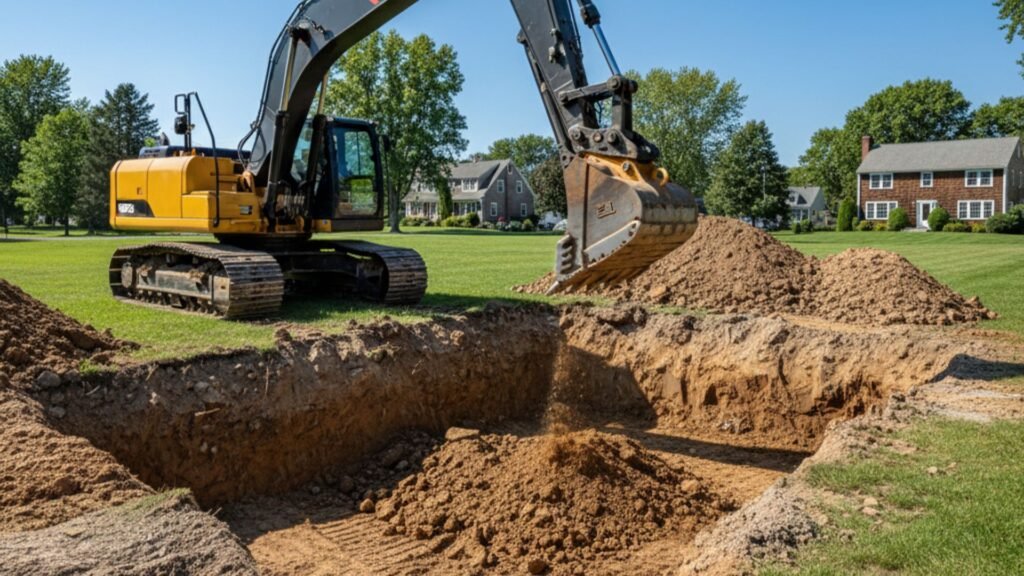 Excavator digging foundation trench on construction site in Naugatuck Connecticut
