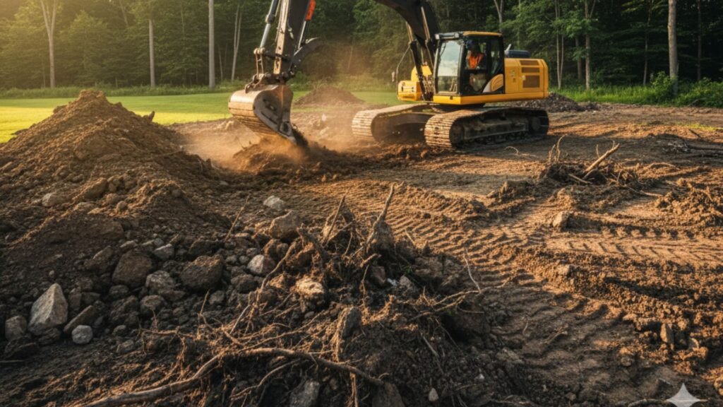 Side view of yellow excavator performing excavation work at Prospect Connecticut site
