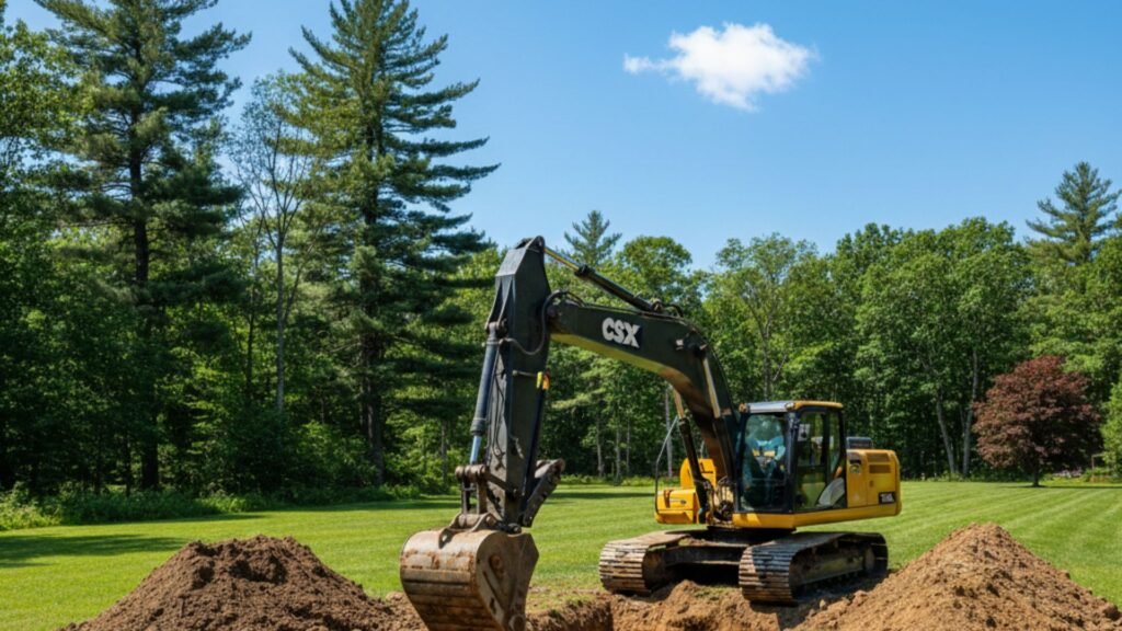 Excavator digging foundation trench on construction site in Prospect Connecticut