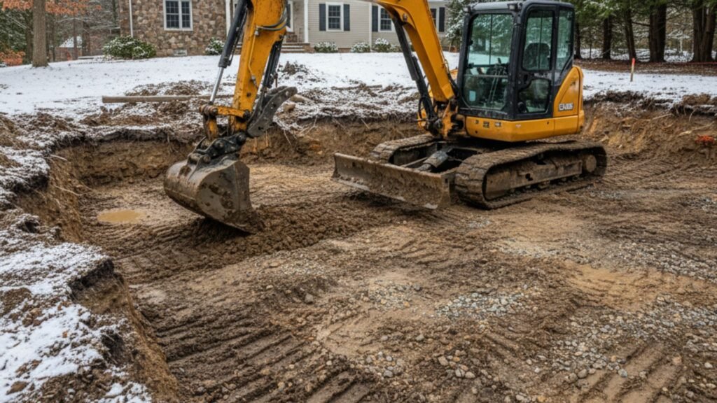 Winter excavation work for residential basement in Bridgewater CT with professional equipment