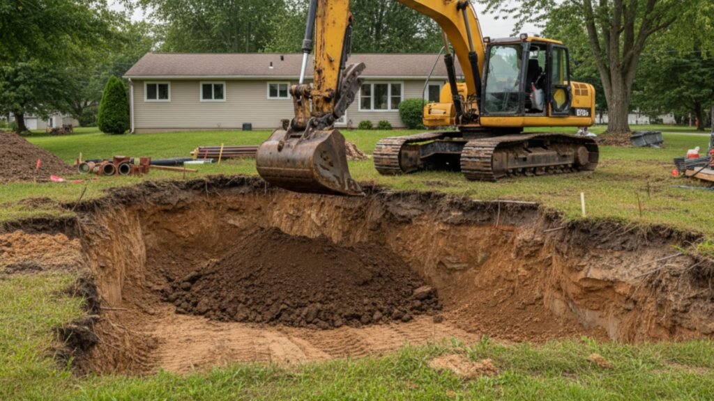 Excavator working on basement excavation at Ranch home in Seymour Connecticut