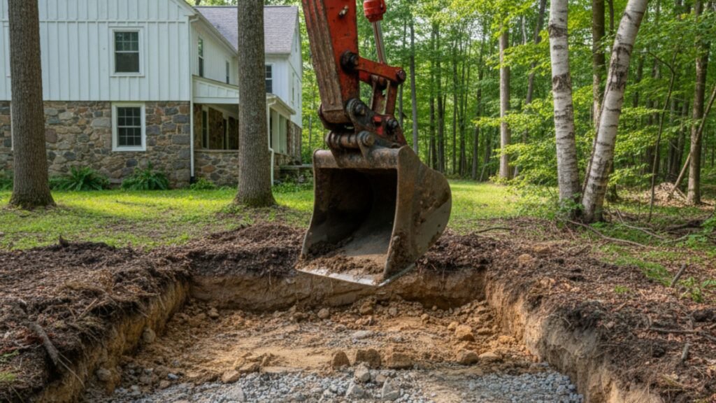 Excavator arm over foundation excavation at Woodbury CT Farmhouse property with mature trees