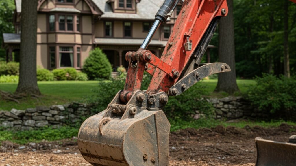 Excavator hydraulics working at Queen Anne home site in Woodbury CT with beech trees