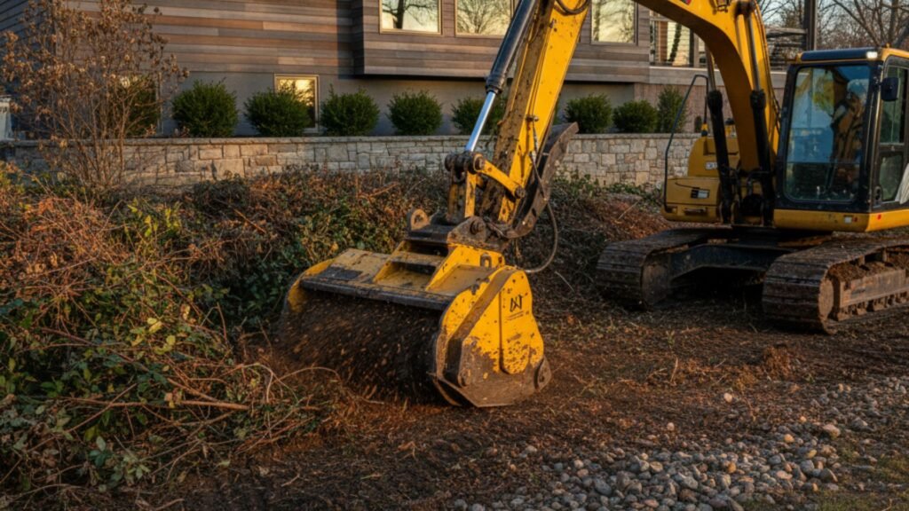 Yellow excavator mulching overgrown landscaping near contemporary Connecticut home