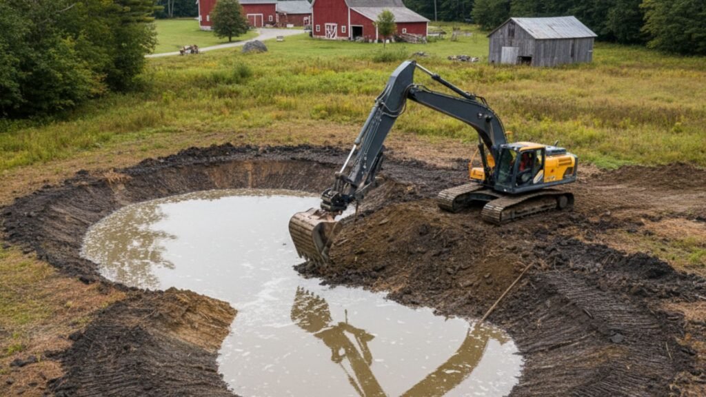 Long reach excavator creating naturalistic pond at rural Southbury Connecticut property