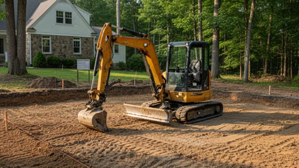 Site preparation excavation for home addition in Bridgewater CT with survey stakes