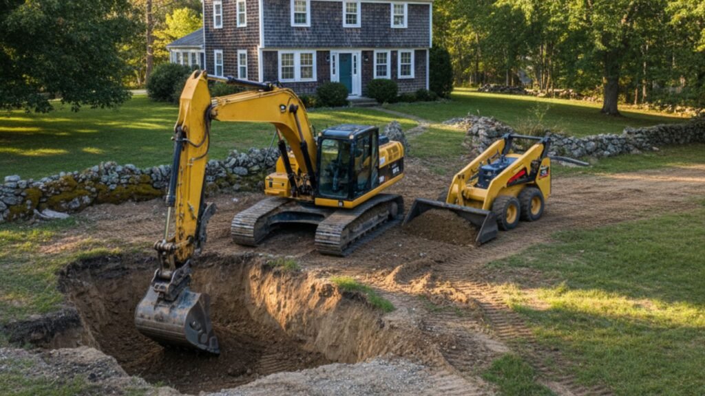 Multiple excavation machines working on residential property in Watertown CT with Cape Cod house