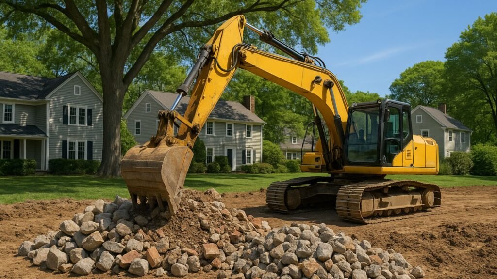 Backhoe in profile clearing mixed stone, concrete, and brick on a CT lot
