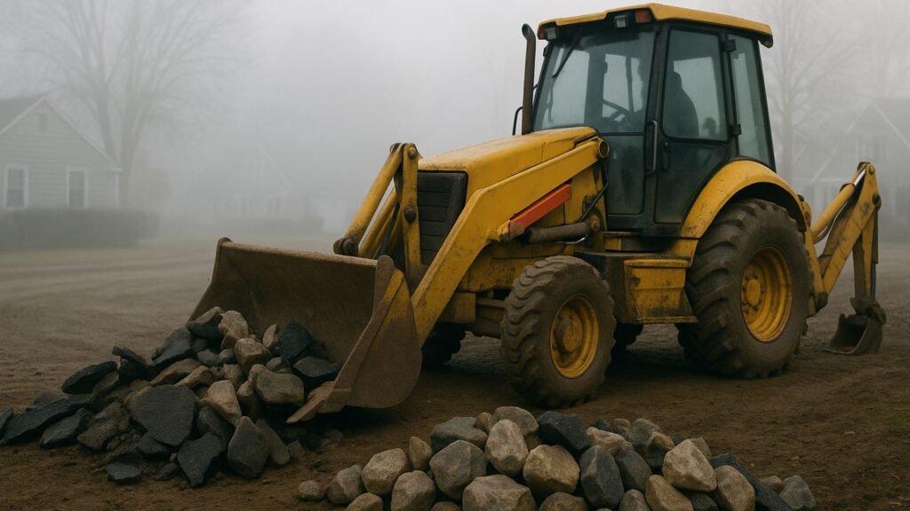 Backhoe loader removing fieldstone and asphalt in a foggy Connecticut cul-de-sac