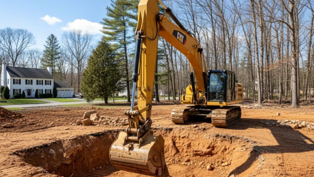 Yellow excavator positioned for basement excavation work in Monroe CT residential neighborhood