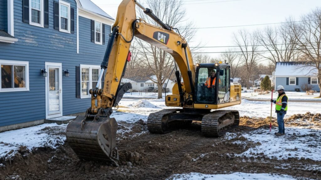 Excavator carefully digging basement for home addition near existing foundation