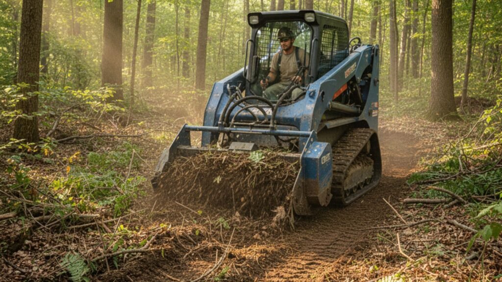 Blue track loader creating woodland access path with forestry mulcher