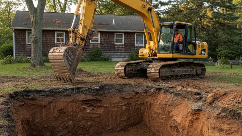 Wide view of professional excavation work near Connecticut ranch home showing septic system preparation