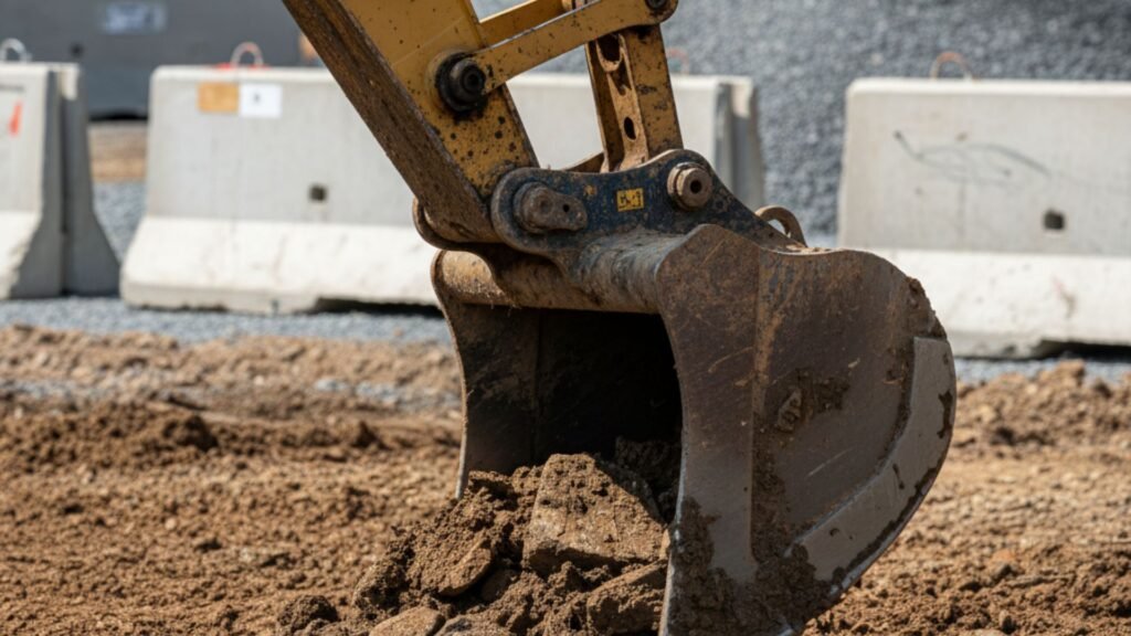 Excavator hydraulic arm and bucket working in clay soil with rocky debris visible
