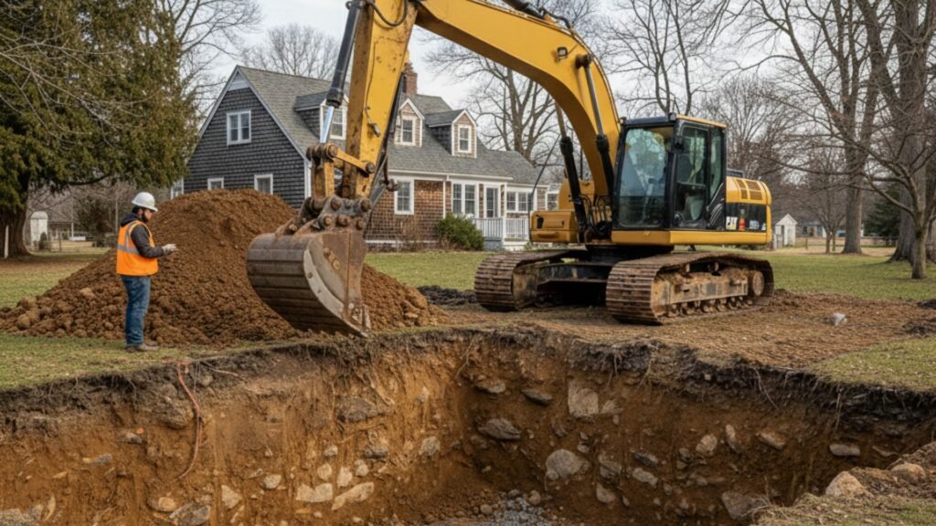 Excavator digging Drainage system trench at Victorian home in Ansonia CT with worker measuring depth