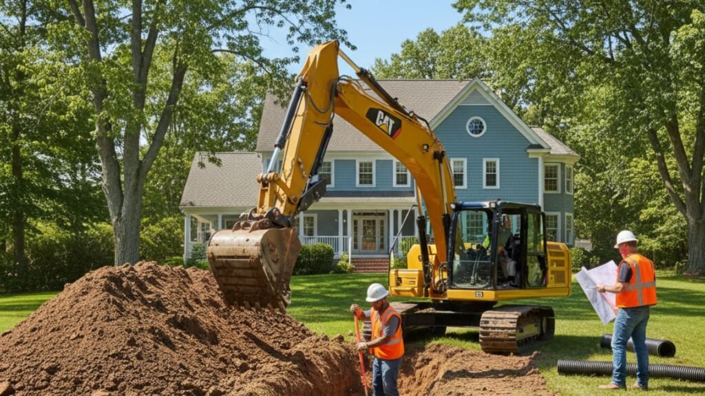 Excavator installing residential drainage system with open trench in Shelton CT residential area