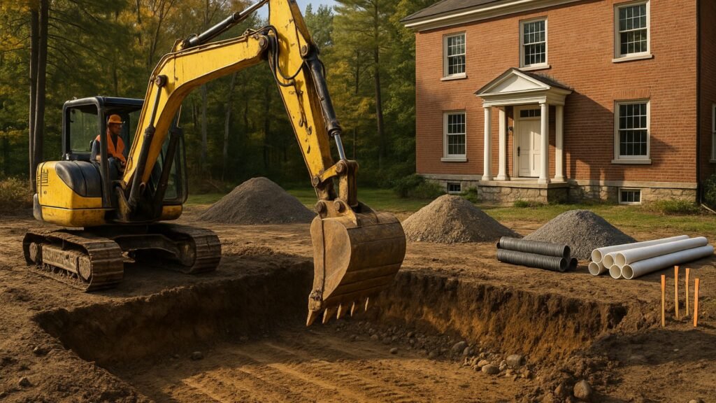 Yellow excavator preparing foundation work at Georgian style home in Southbury CT