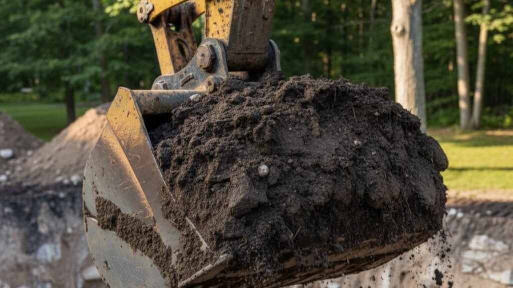 Close-up of excavator bucket lifting dark loamy soil in Woodbridge Connecticut