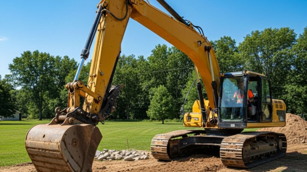 Yellow excavator with extended arm working on dirt construction site in Naugatuck Connecticut