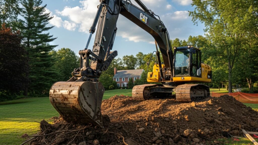 Yellow excavator with dirt-filled bucket at construction site in Wolcott Connecticut