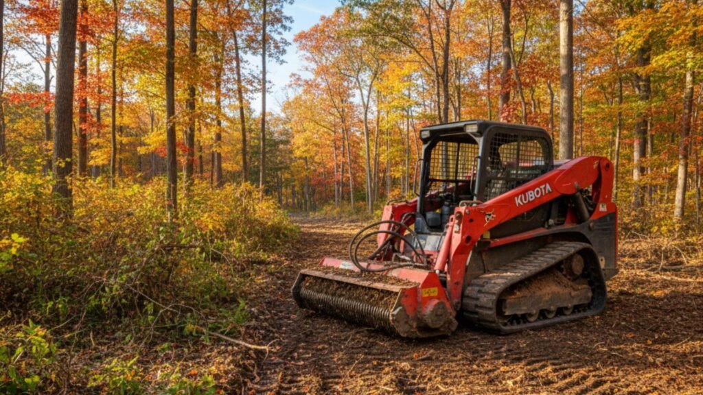 Professional forestry mulching equipment clearing brush in Central Connecticut woods during autumn