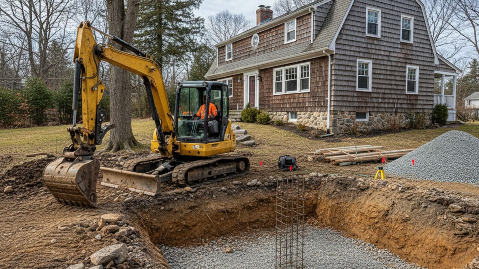 Compact excavator digging garage foundation at Dutch Colonial home in Ansonia CT