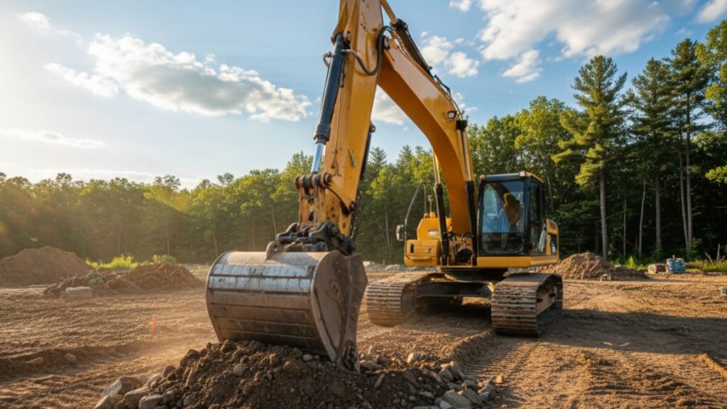 Heavy excavation machinery bucket filled with soil at Prospect Connecticut work site