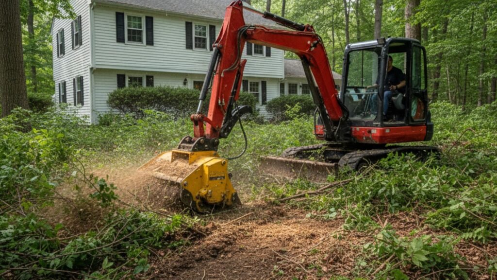 Mini excavator mulching underbrush behind Connecticut cape cod home