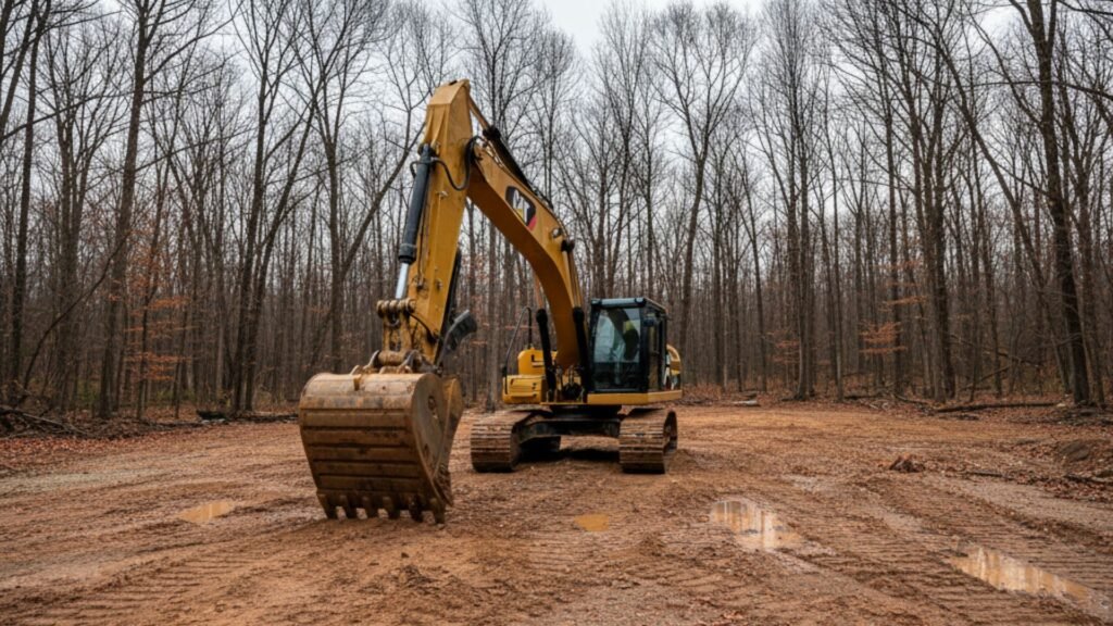 Yellow CAT excavator with extended boom positioned in forest clearing for residential excavation work